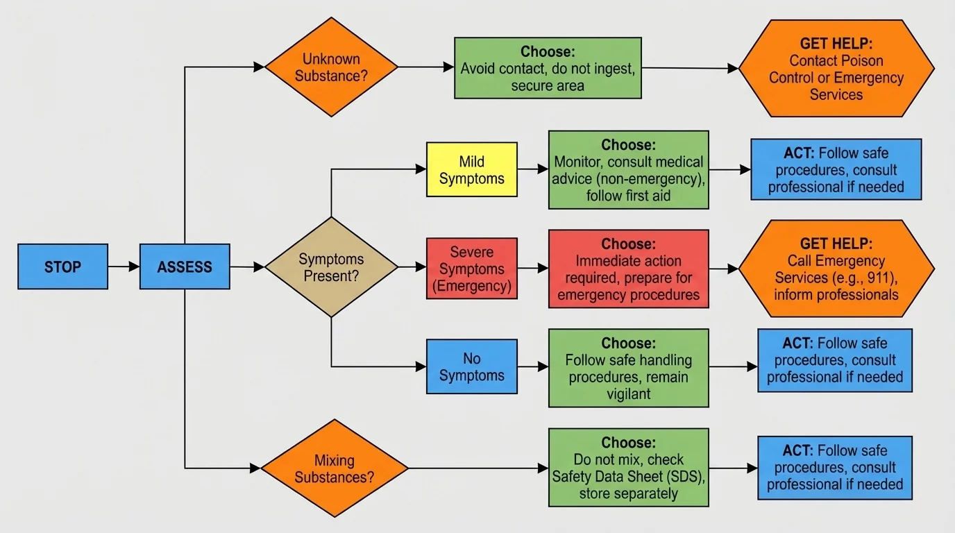 Flowchart with boxes labeled Stop, Assess, Choose, Act, Get Help; decision branches for unknown substance, mixing substances, mild symptoms, and severe symptoms requiring emergency help