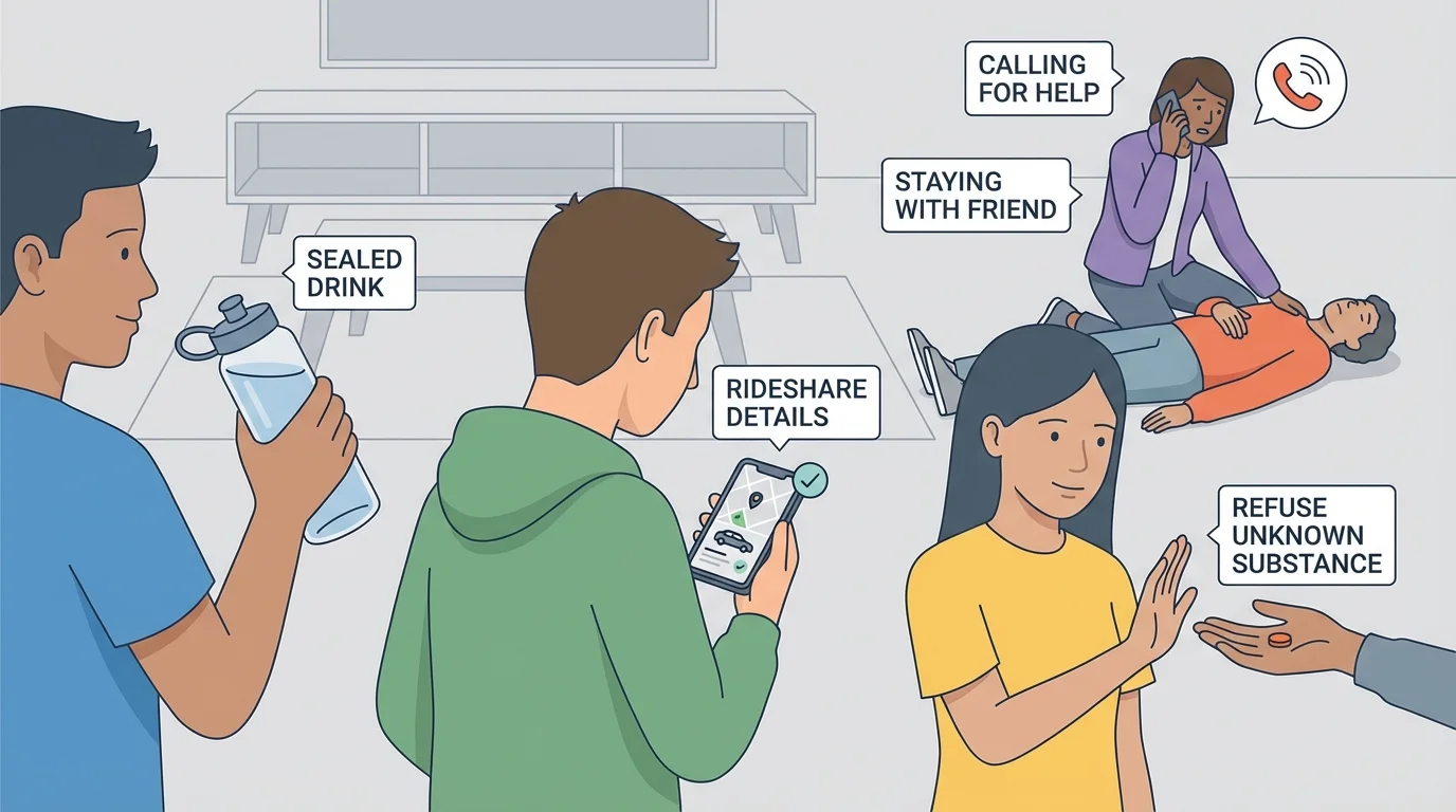 Teen social gathering showing safe choices: sealed drink kept in hand, checking rideshare details on phone, refusing unknown pill, and one friend calling for help while staying with another