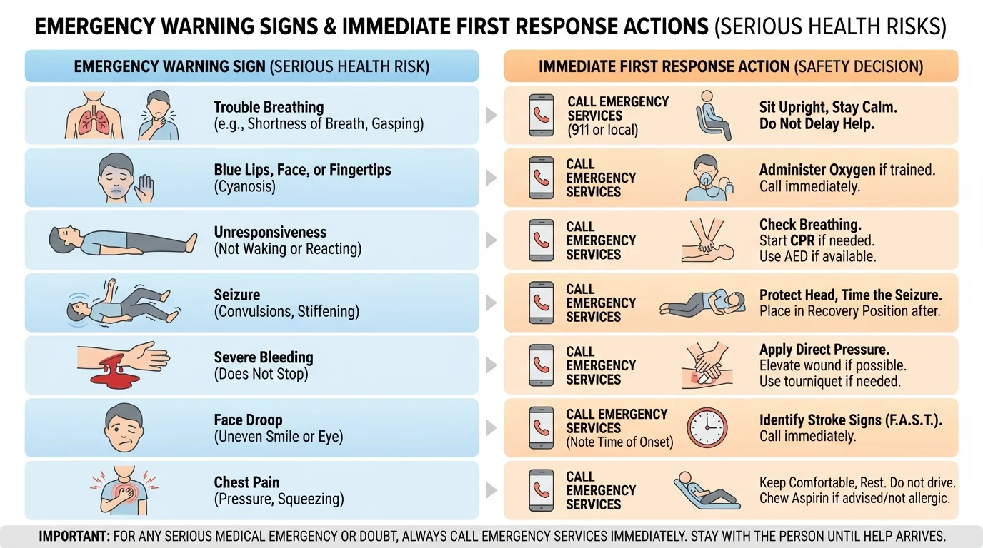 Comparison chart of emergency warning signs such as trouble breathing, blue lips, unresponsiveness, seizure, severe bleeding, face droop, chest pain, and immediate first response actions