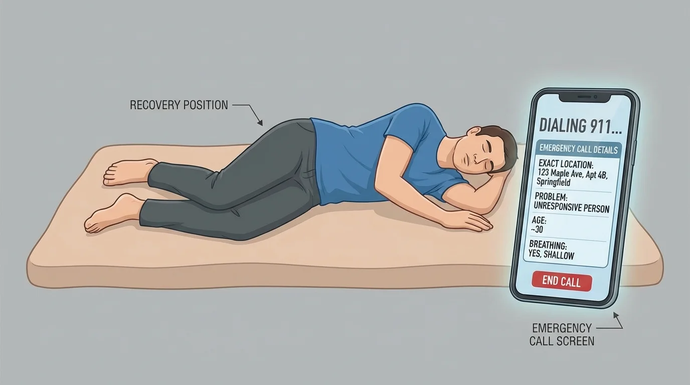 Person placed on their side in recovery position beside a phone showing key emergency call details: exact location, problem, age, breathing status