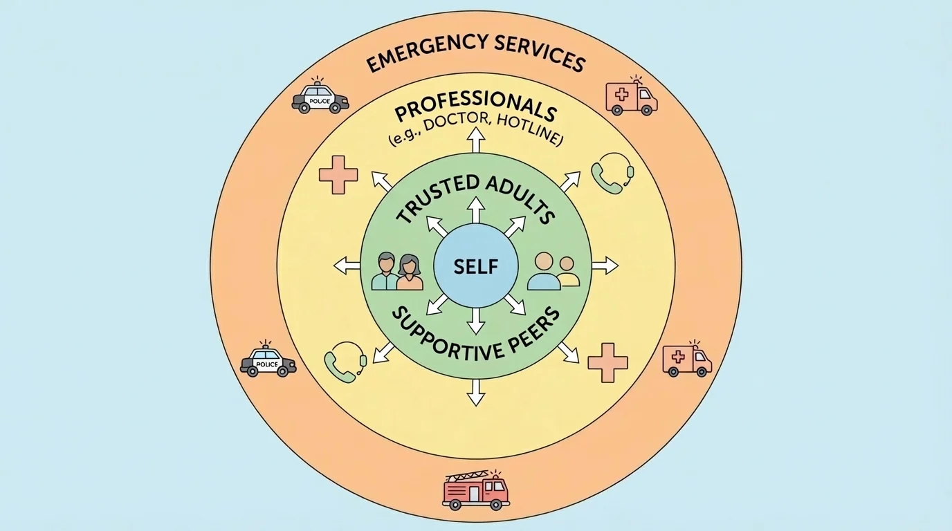 Concentric-circle support map showing self in center, then trusted adults and supportive peers, then professionals like doctor and hotline, then emergency services on the outer layer