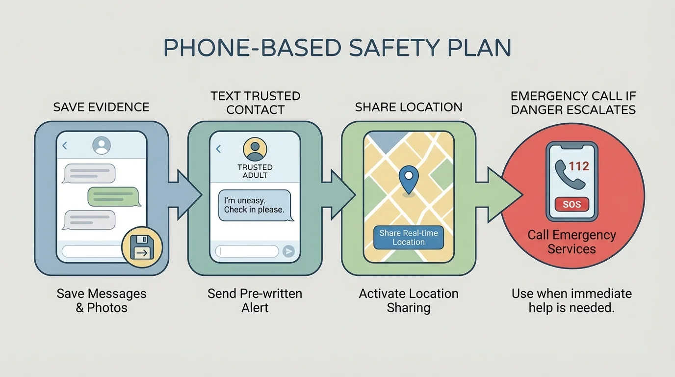Phone-based safety plan showing a person saving messages, texting a trusted adult, sharing location, and selecting an emergency call if danger escalates