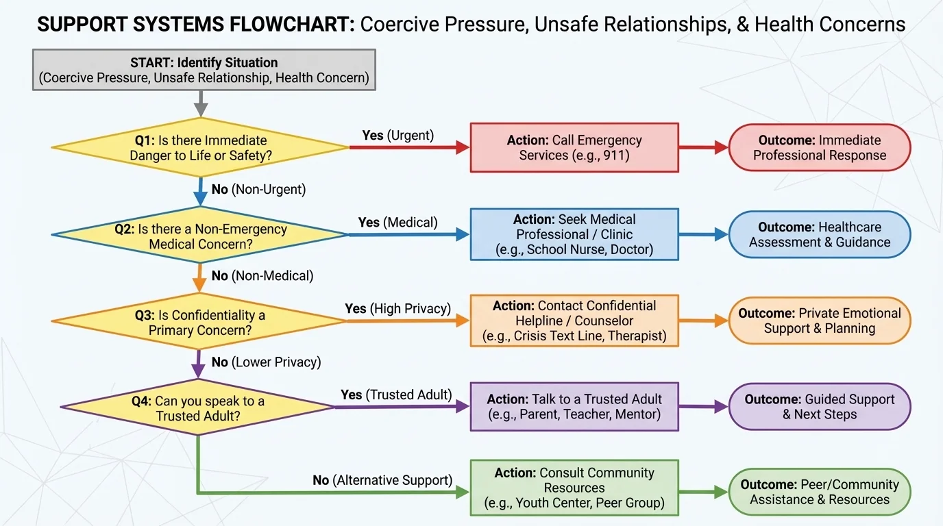 Decision flowchart for choosing support based on immediate danger, medical concern, confidentiality needs, and whether a trusted adult or emergency service should be contacted