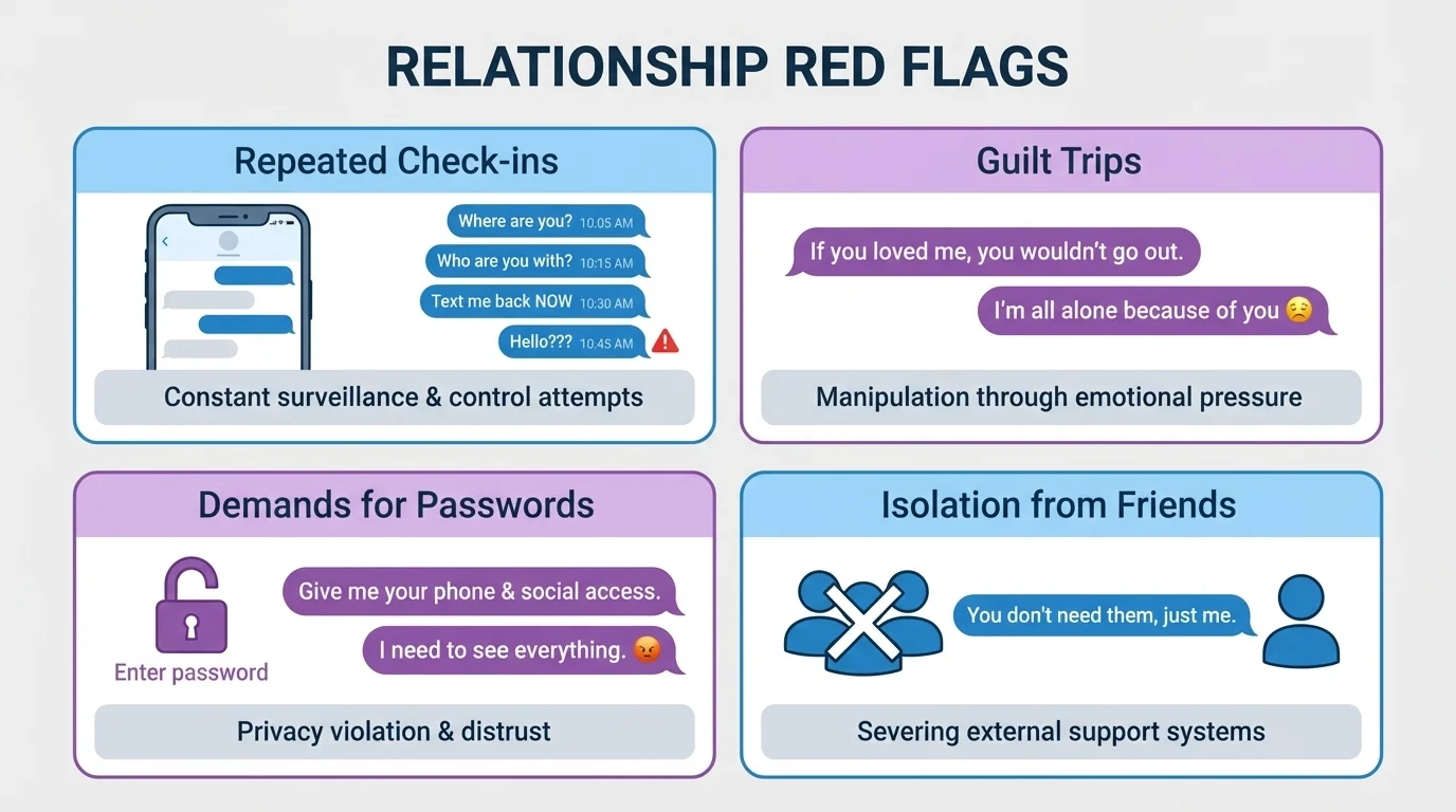 Illustration of a phone screen and conversation snippets showing red flags such as repeated check-ins, guilt trips, demands for passwords, and isolation from friends