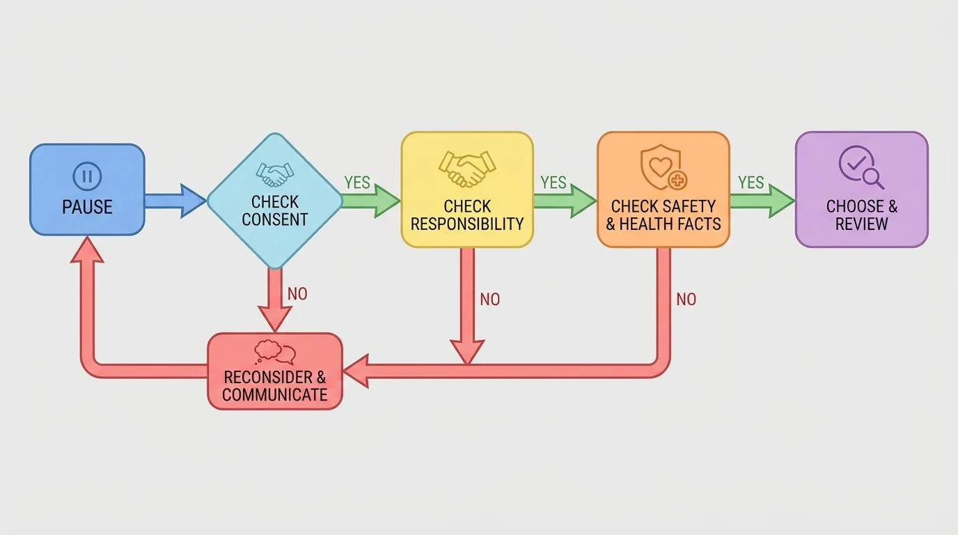 Flowchart of five steps: pause, check consent, check responsibility, check safety and health facts, choose and review