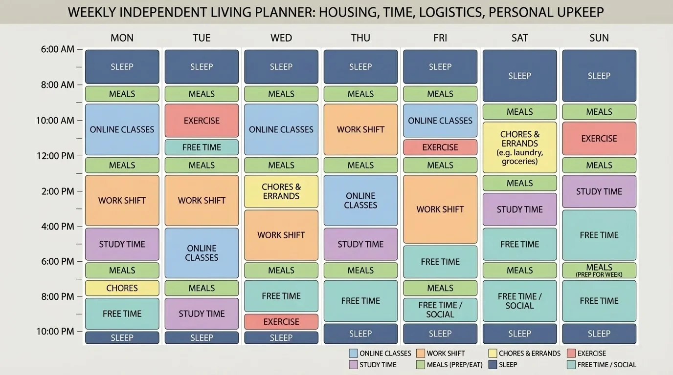Weekly planner chart with color-coded blocks for online classes, work shift, study time, meals, chores, sleep, exercise, and free time