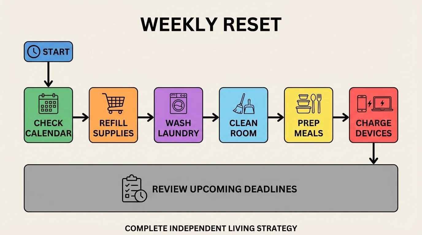 Flowchart of a weekly reset with steps for check calendar, refill supplies, wash laundry, clean room, prep meals, charge devices, and review upcoming deadlines