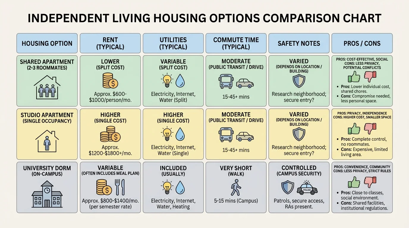 Chart comparing three housing options with columns for rent, utilities, commute time, safety notes, and pros/cons
