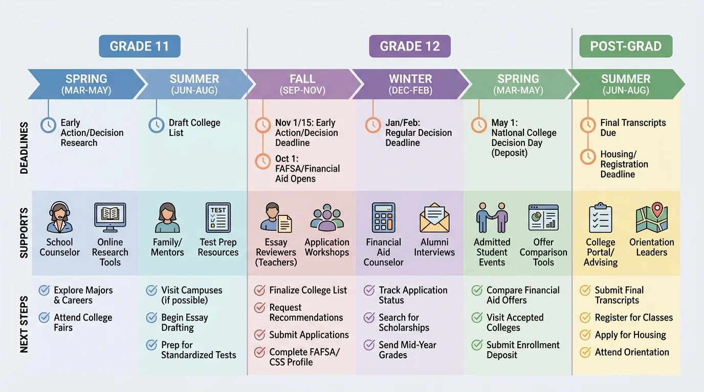 Month-by-month postsecondary planning timeline from spring of grade 11 through summer after graduation with milestones for research, essays, applications, financial aid, decisions, and enrollment tasks
