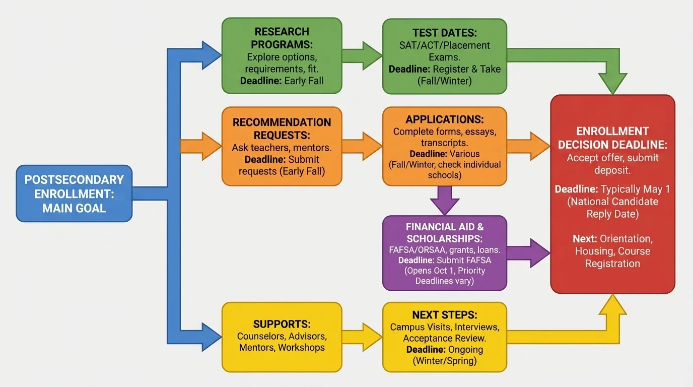 Main goal of postsecondary enrollment branching into tasks such as research programs, test dates, recommendation requests, applications, financial aid, and enrollment decision deadline