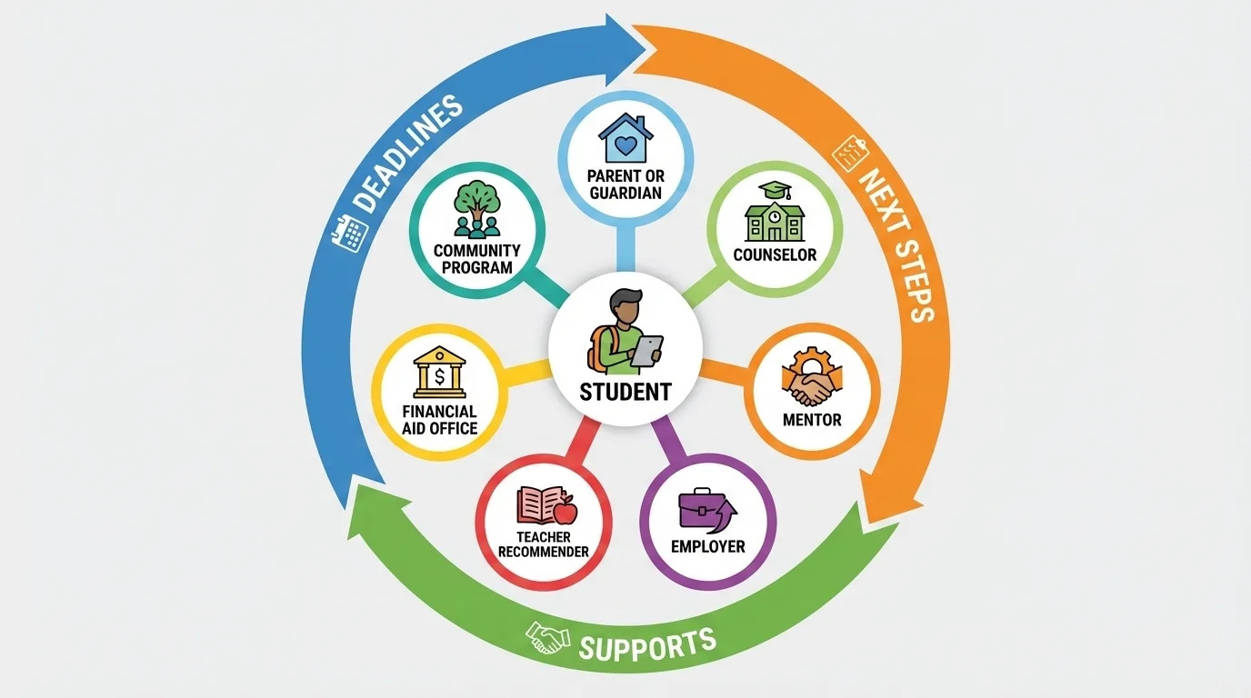 Support network map with a student in the center connected to parent or guardian, counselor, mentor, employer, teacher recommender, financial aid office, and community program