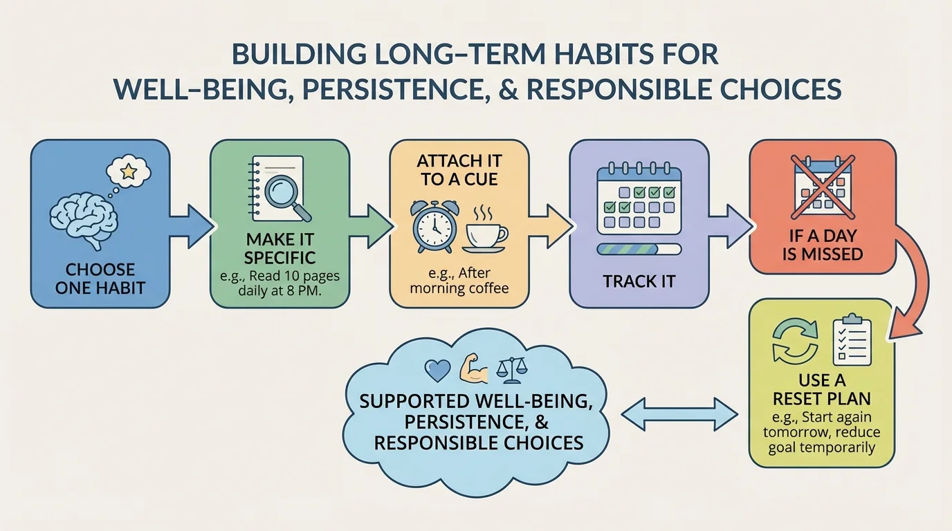 Flowchart showing choose one habit, make it specific, attach it to a cue, track it, and use a reset plan after missed days