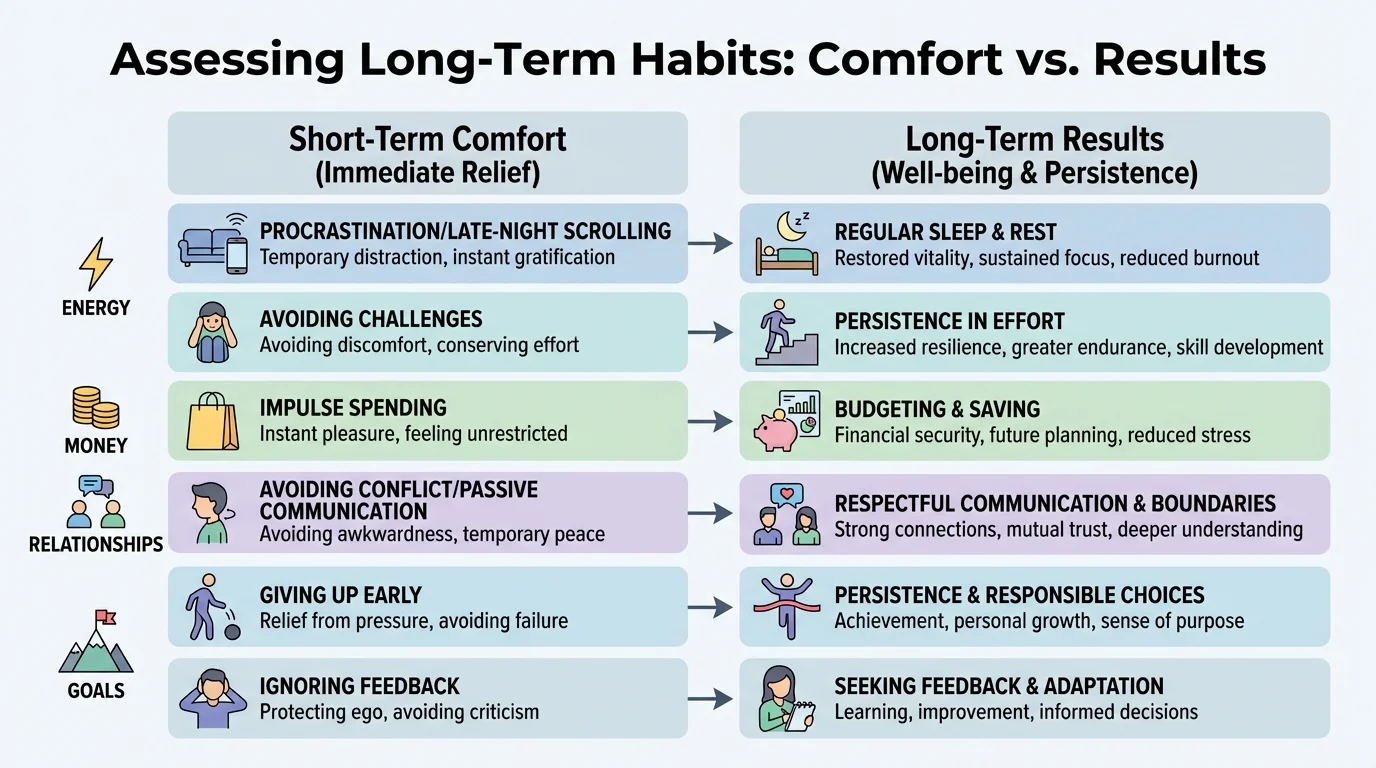 Chart comparing short-term comfort versus long-term results for habits such as procrastination, late-night scrolling, budgeting, regular sleep, and respectful communication across categories of energy, money, relationships, and goals