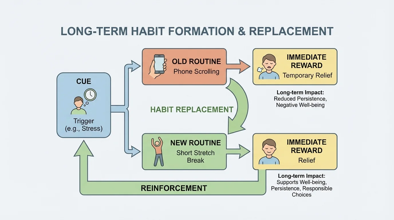 Flowchart showing cue, routine, reward, and habit replacement with an example of stress leading either to phone scrolling or to a short stretch break and relief