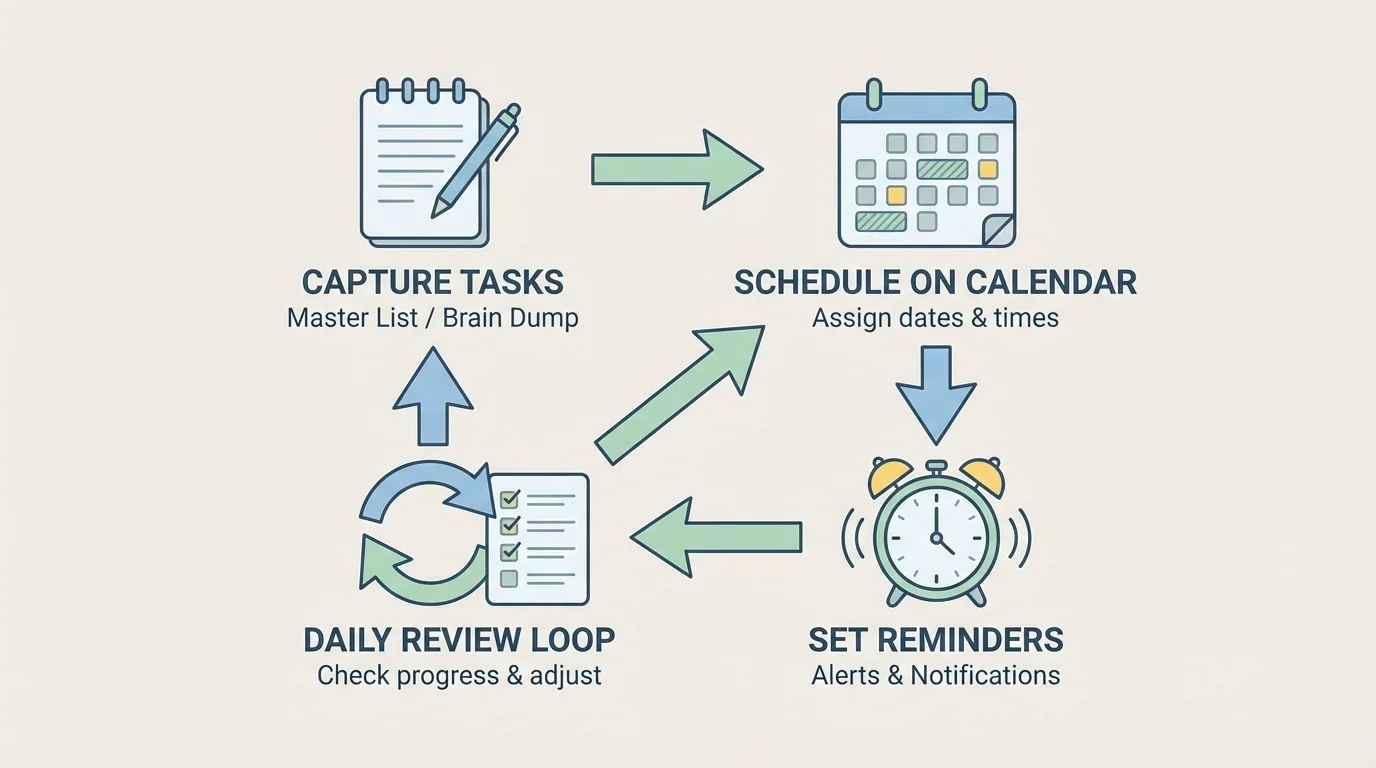 flowchart showing task capture into one list, calendar scheduling, reminder setting, and daily review loop