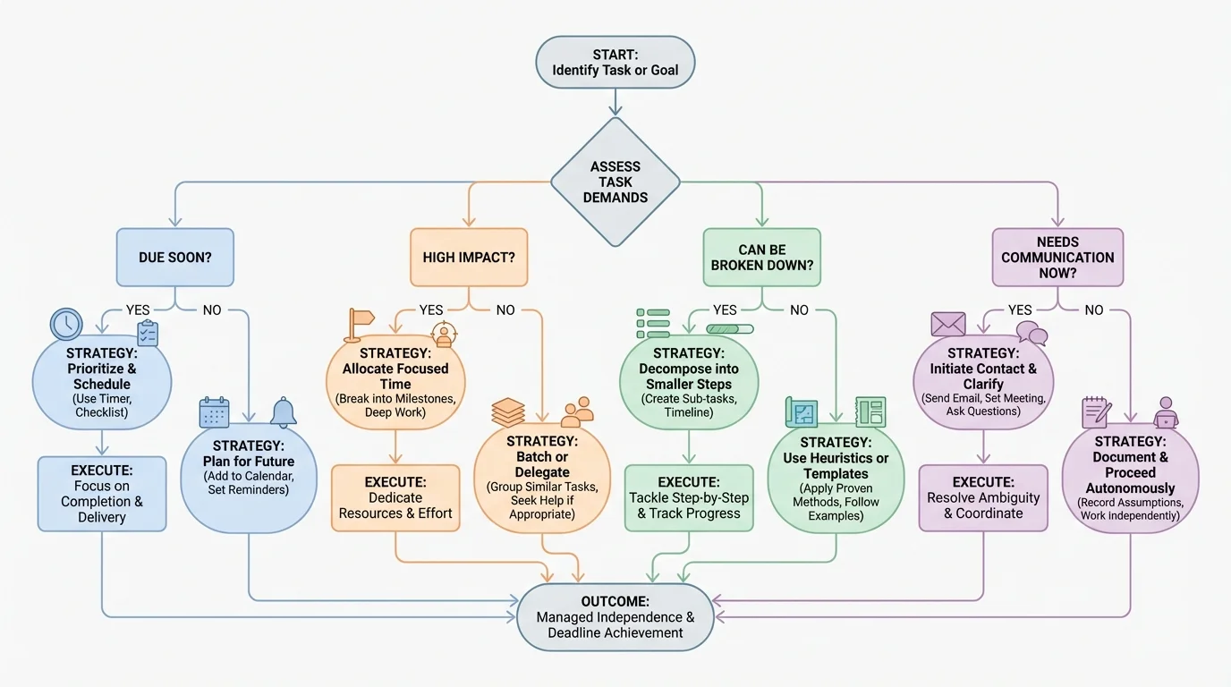flowchart with branches for due soon, high impact, can be broken down, and needs communication now