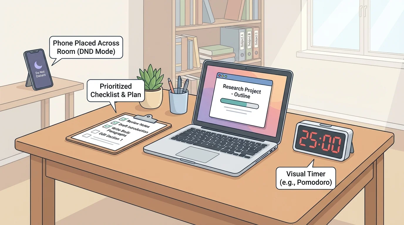 illustration of a home workspace with laptop, timer, checklist, phone placed across room, and minimal distractions