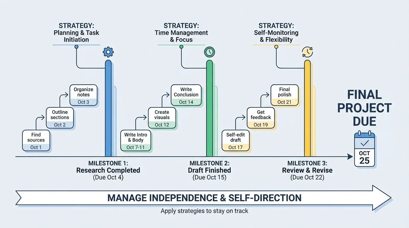 chart showing a final due date, milestone dates, and smaller tasks spread across previous days