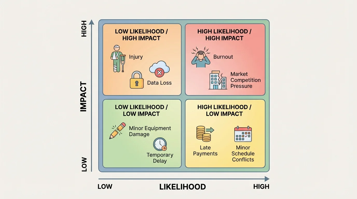 risk matrix with low and high likelihood on one axis and low and high impact on the other, placing examples such as late payments, burnout, data loss, injury, and equipment damage
