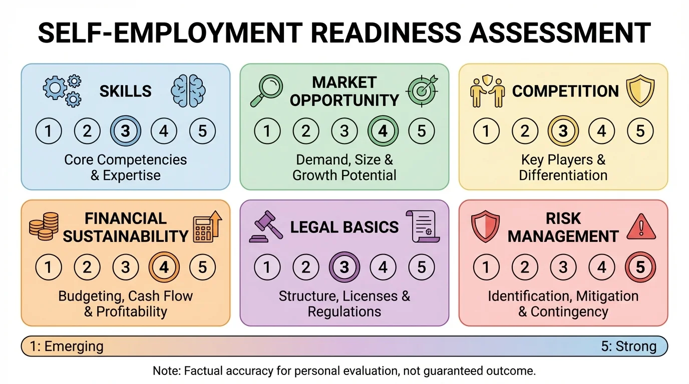 chart showing six readiness areas for self-employment or entrepreneurship—technical skill, communication, time management, money management, resilience, and customer service—with a simple 1 to 5 rating scale