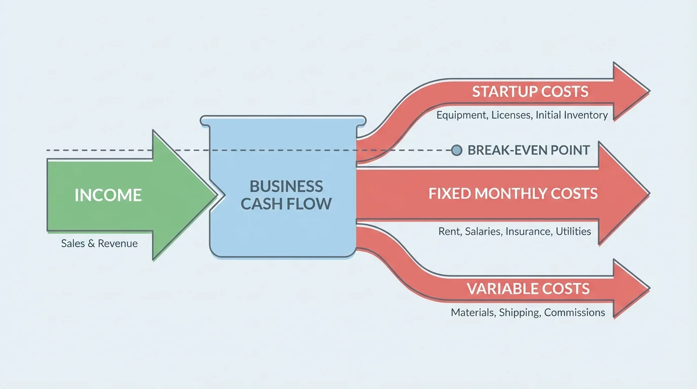 diagram of small business cash flow showing income flowing in, startup costs, fixed monthly costs, variable costs flowing out, and a break-even marker