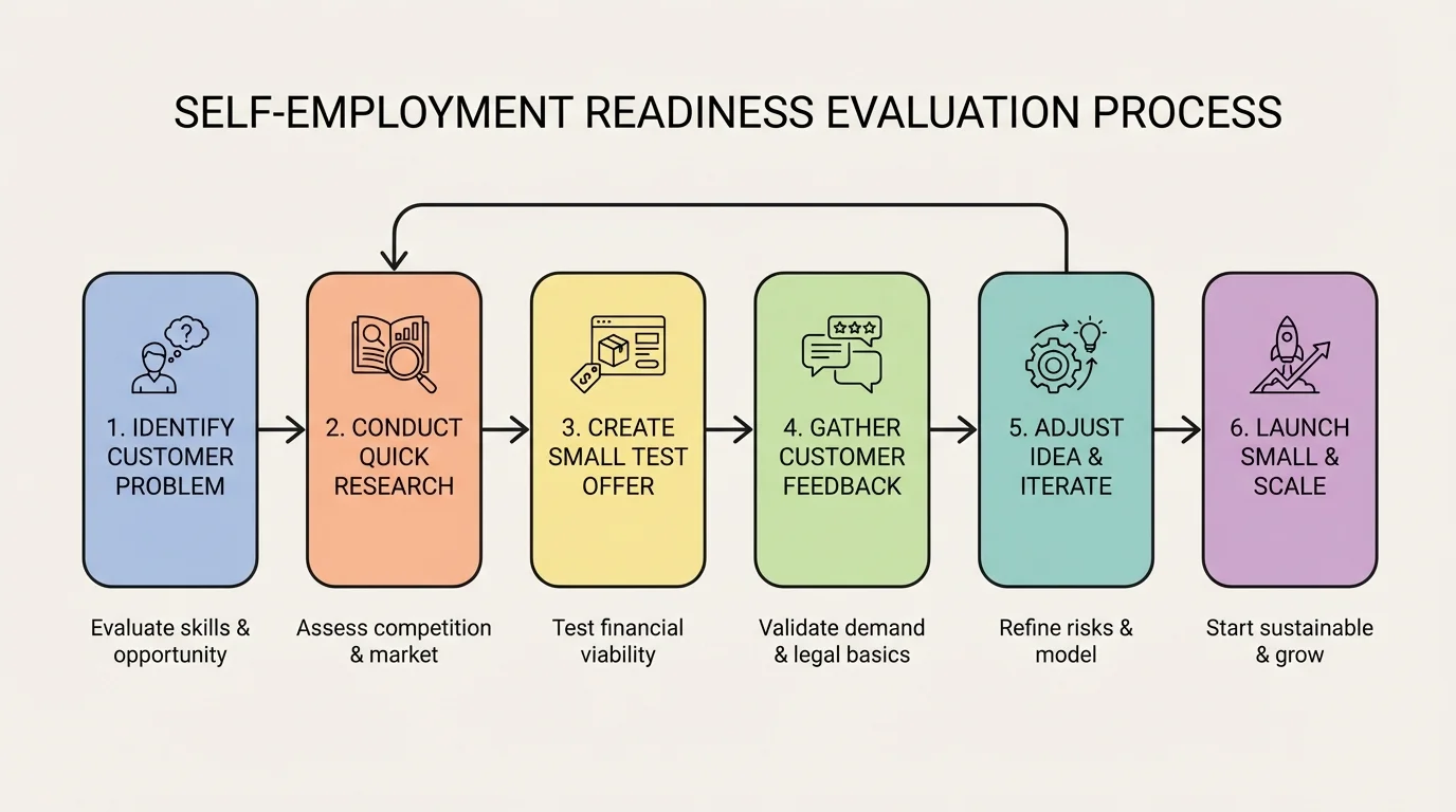 flowchart showing customer problem, quick research, small test offer, customer feedback, adjust idea, and launch small