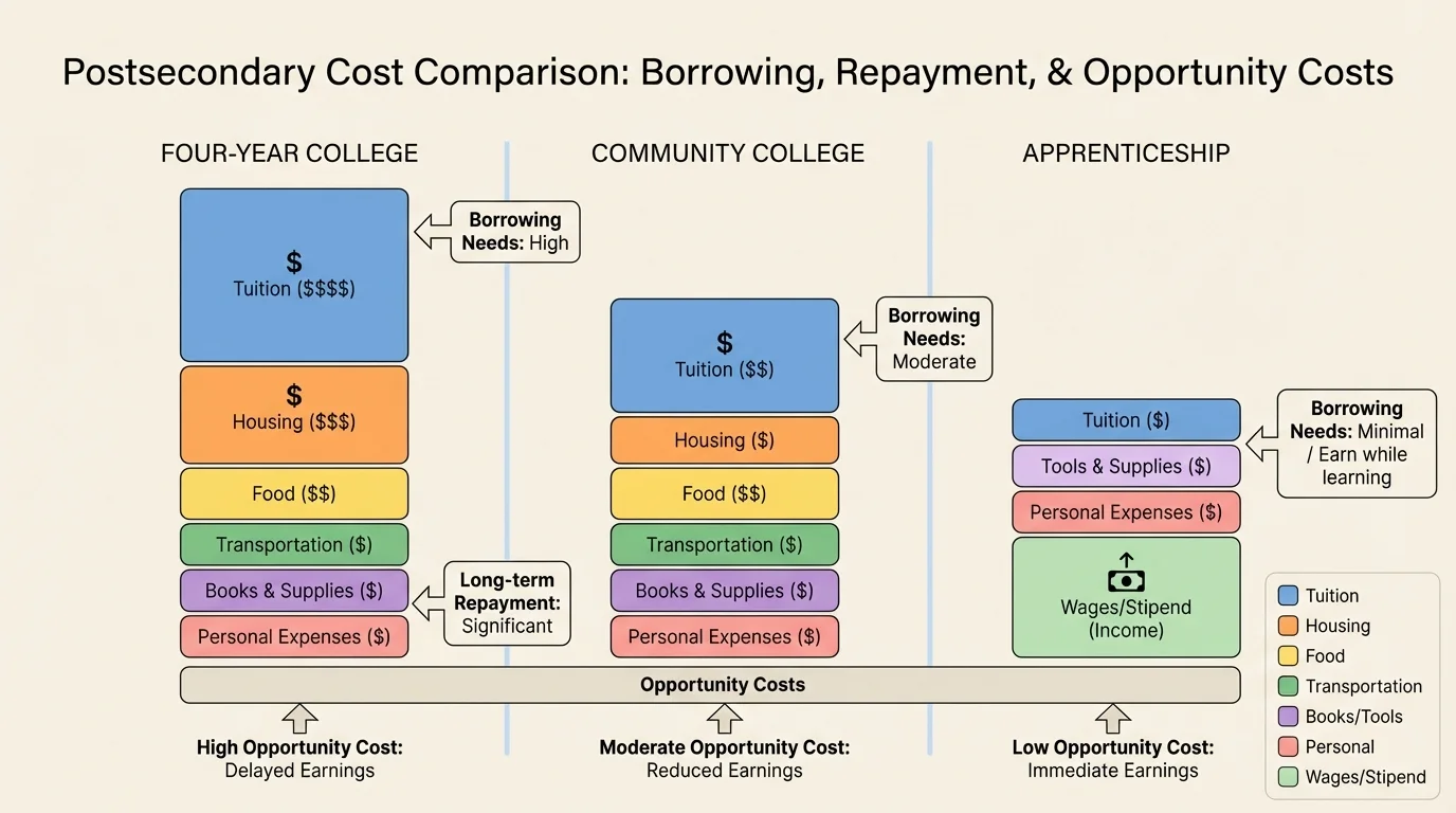 chart comparing tuition, housing, food, transportation, books, and personal expenses for three options: four-year college, community college, and apprenticeship