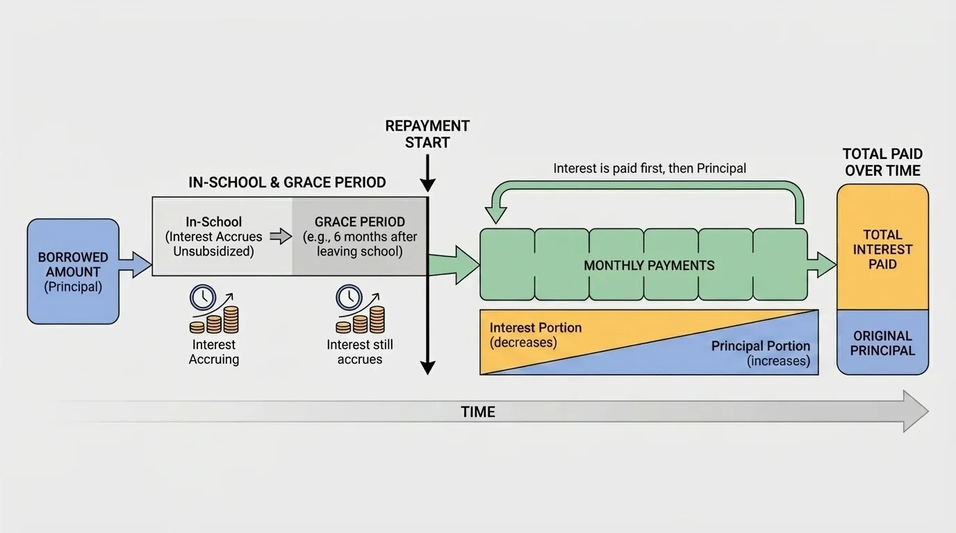 flowchart showing borrowed amount, interest accruing, grace period, repayment start, monthly payments, and total paid over time