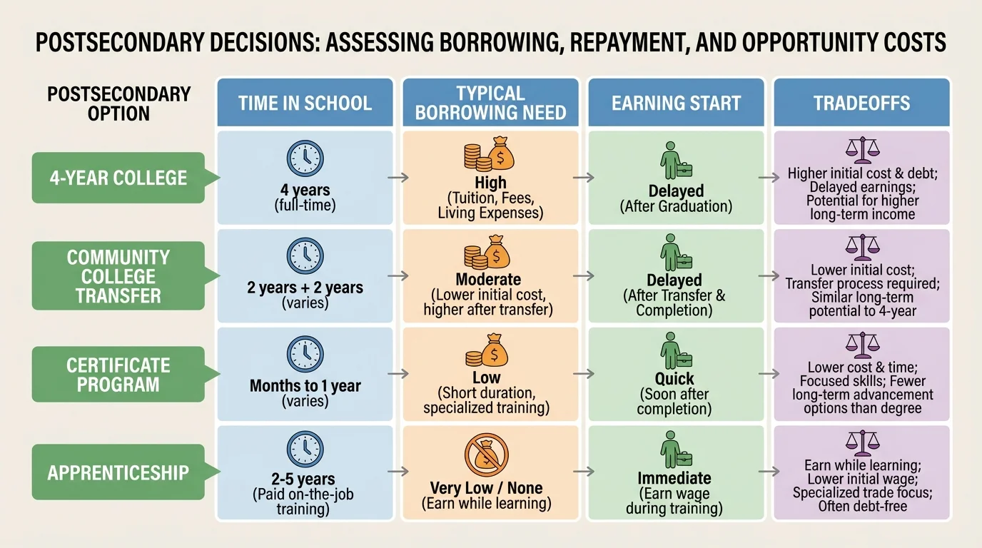 chart comparing four-year college, community college transfer path, certificate program, and apprenticeship by time in school, typical borrowing need, earning start, and tradeoffs