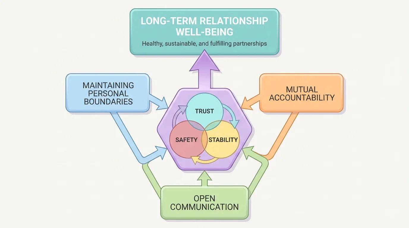 flowchart showing boundaries, accountability, and communication connected in a triangle leading to trust, safety, and stability