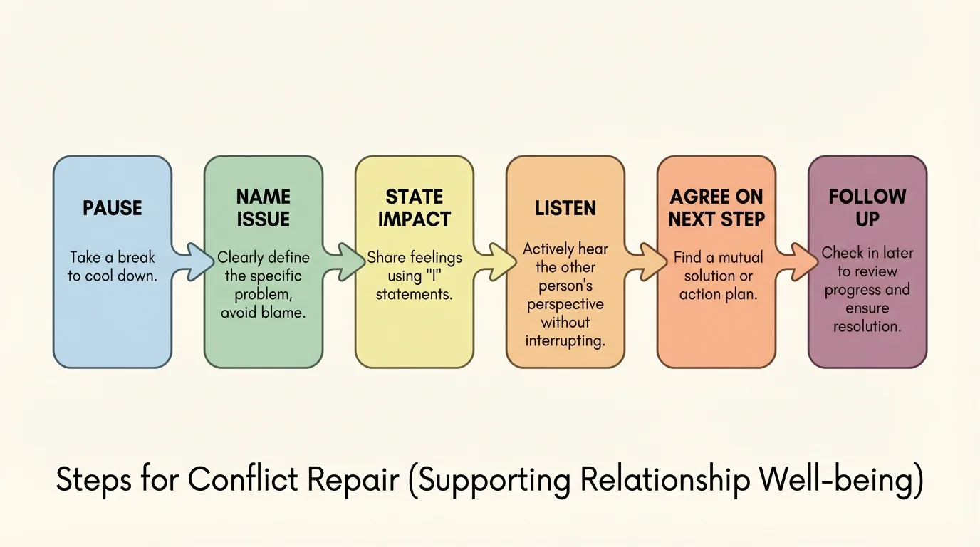 flowchart of steps for conflict repair: pause, name issue, state impact, listen, agree on next step, follow up