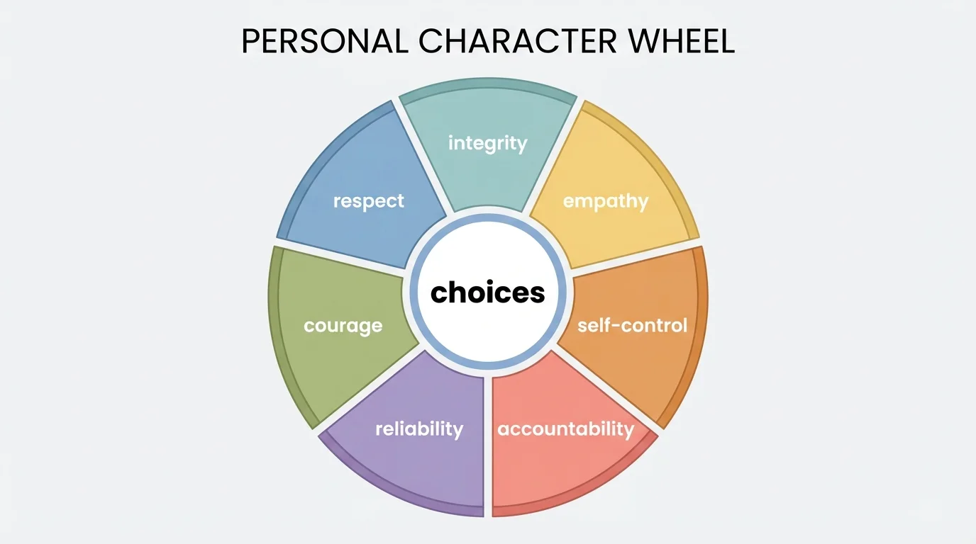 Personal character wheel with labeled traits: integrity, empathy, self-control, accountability, reliability, courage, and respect around a center labeled choices