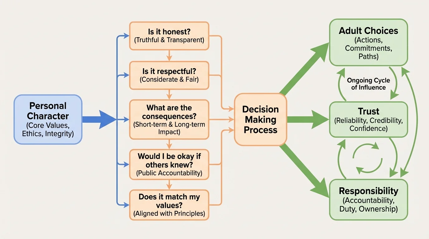 Decision flowchart with questions: Is it honest? Is it respectful? What are the consequences? Would I be okay if others knew? Does it match my values?