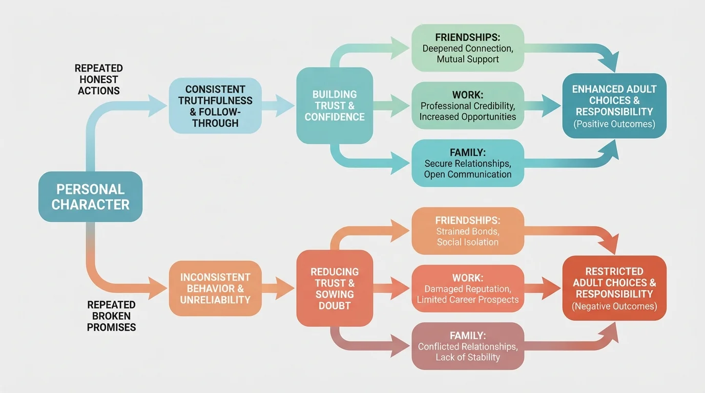 Flowchart showing repeated honest actions building trust and repeated broken promises reducing trust in friendships, work, and family