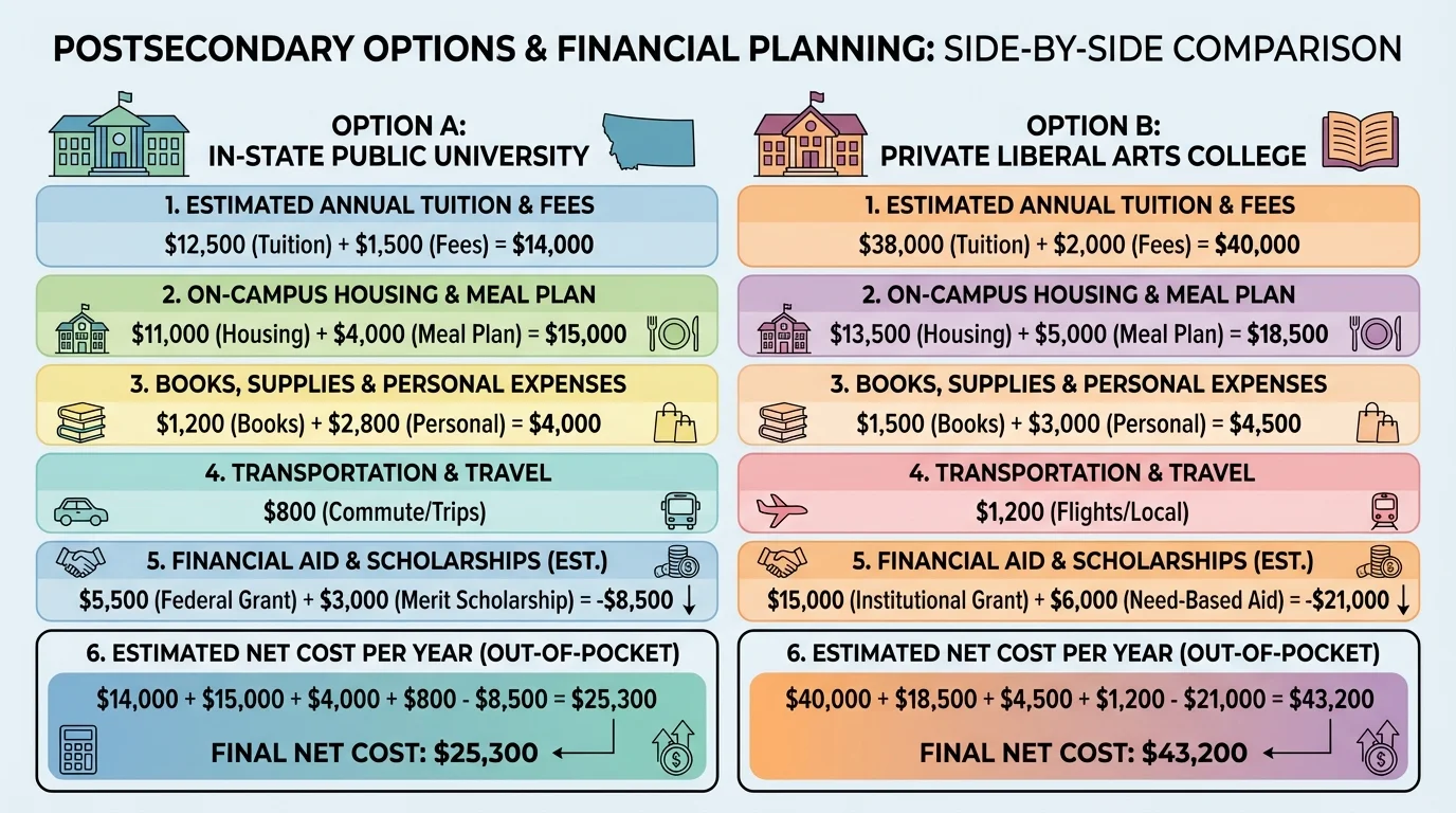 side-by-side comparison chart of two postsecondary options with tuition, fees, aid, housing, transportation, and final net cost