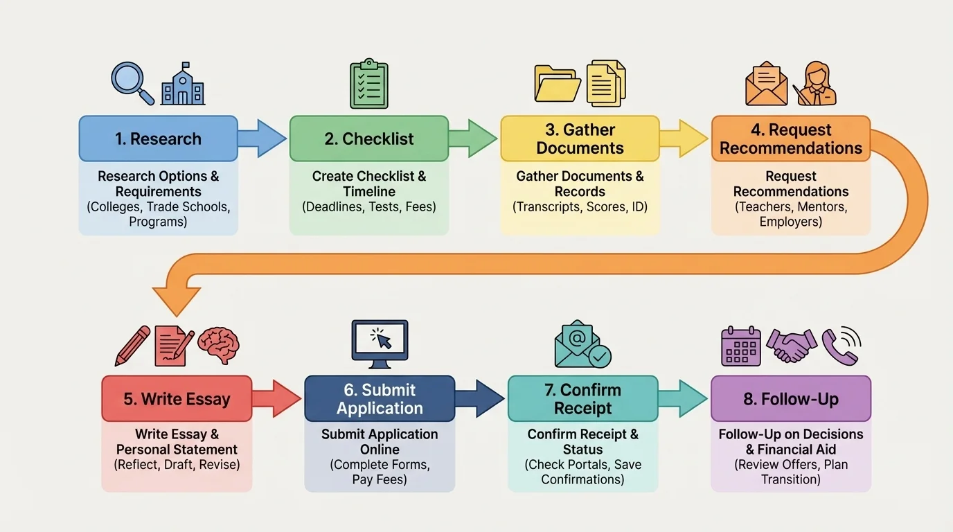 application timeline steps showing research, checklist, gather documents, request recommendations, write essay, submit application, confirm receipt, and follow-up