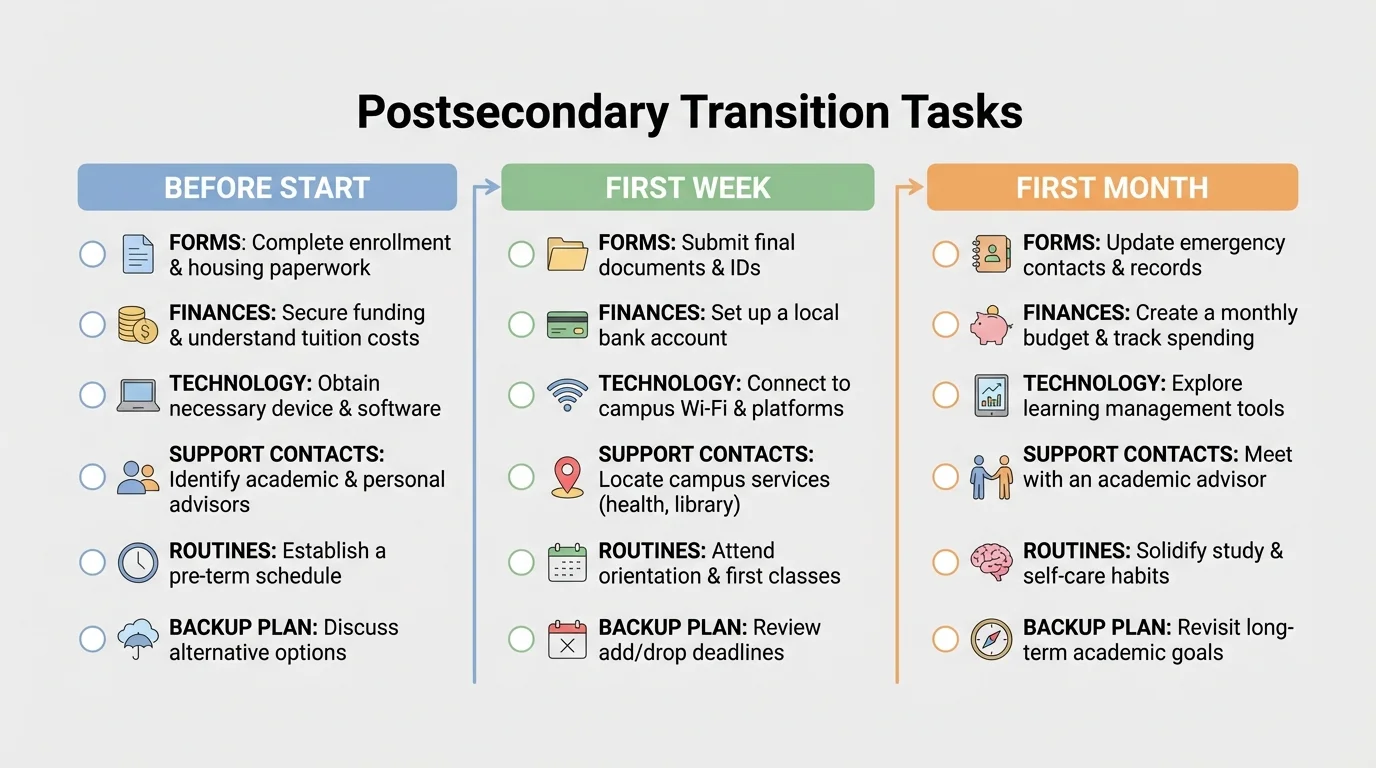 checklist for postsecondary transition tasks grouped into before start, first week, and first month including forms, finances, technology, support contacts, routines, and backup plan
