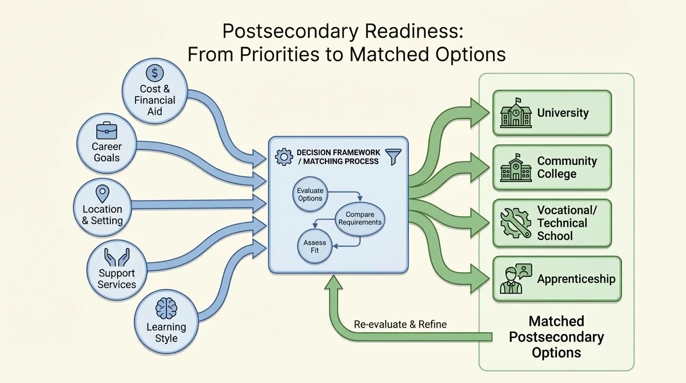 decision framework showing student priorities such as cost, career goals, location, support, and learning style leading to matched postsecondary options