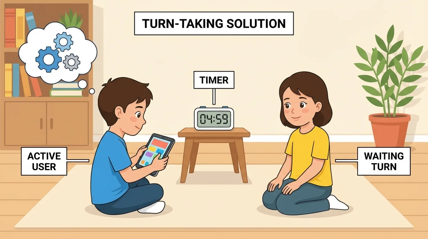 two children at home sharing one tablet with a timer, one child using it now while the other waits calmly for the next turn