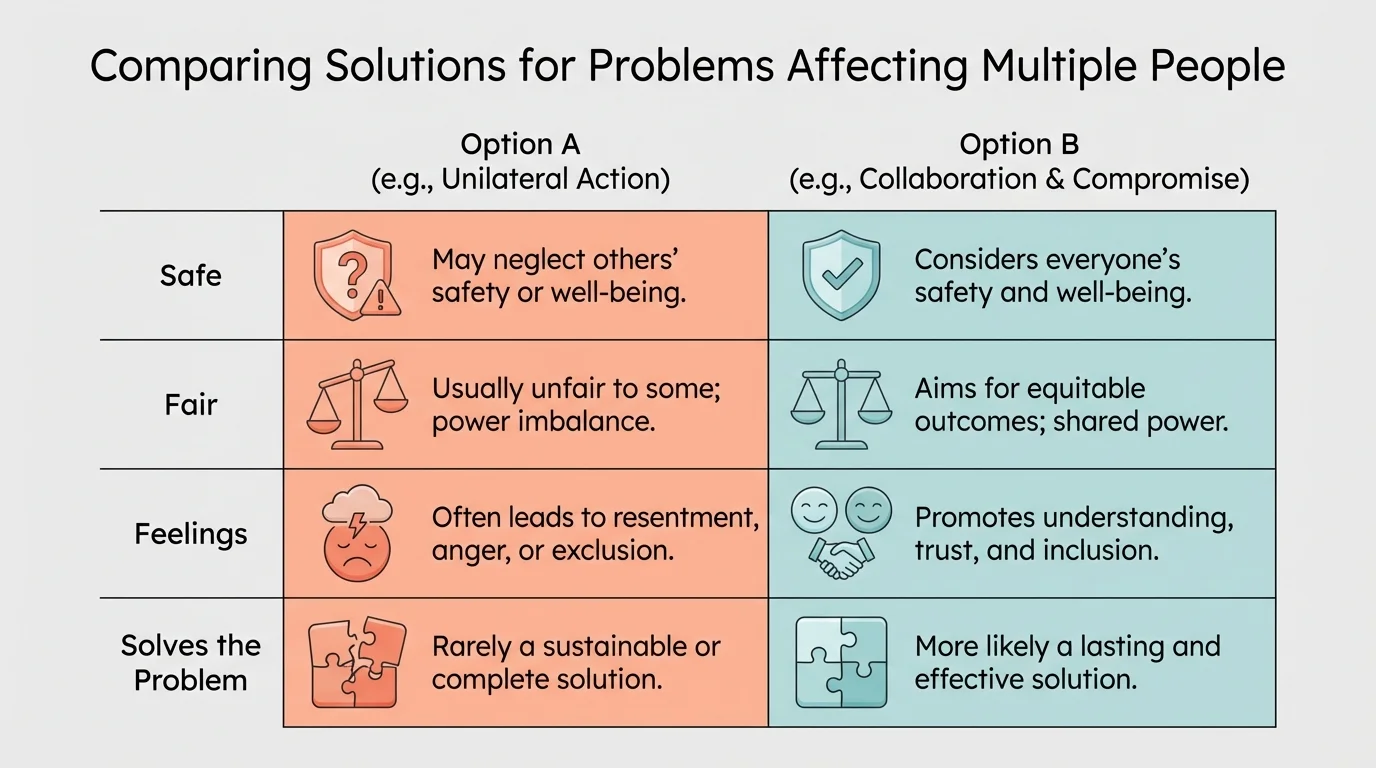 simple option comparison chart with Option A and Option B columns and rows for safe, fair, feelings, and solves the problem