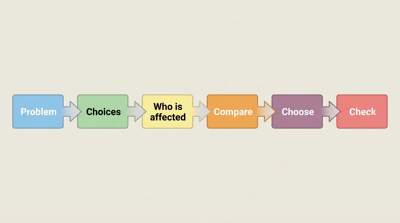 decision steps with boxes labeled Problem, Choices, Who is affected, Compare, Choose, Check connected by arrows