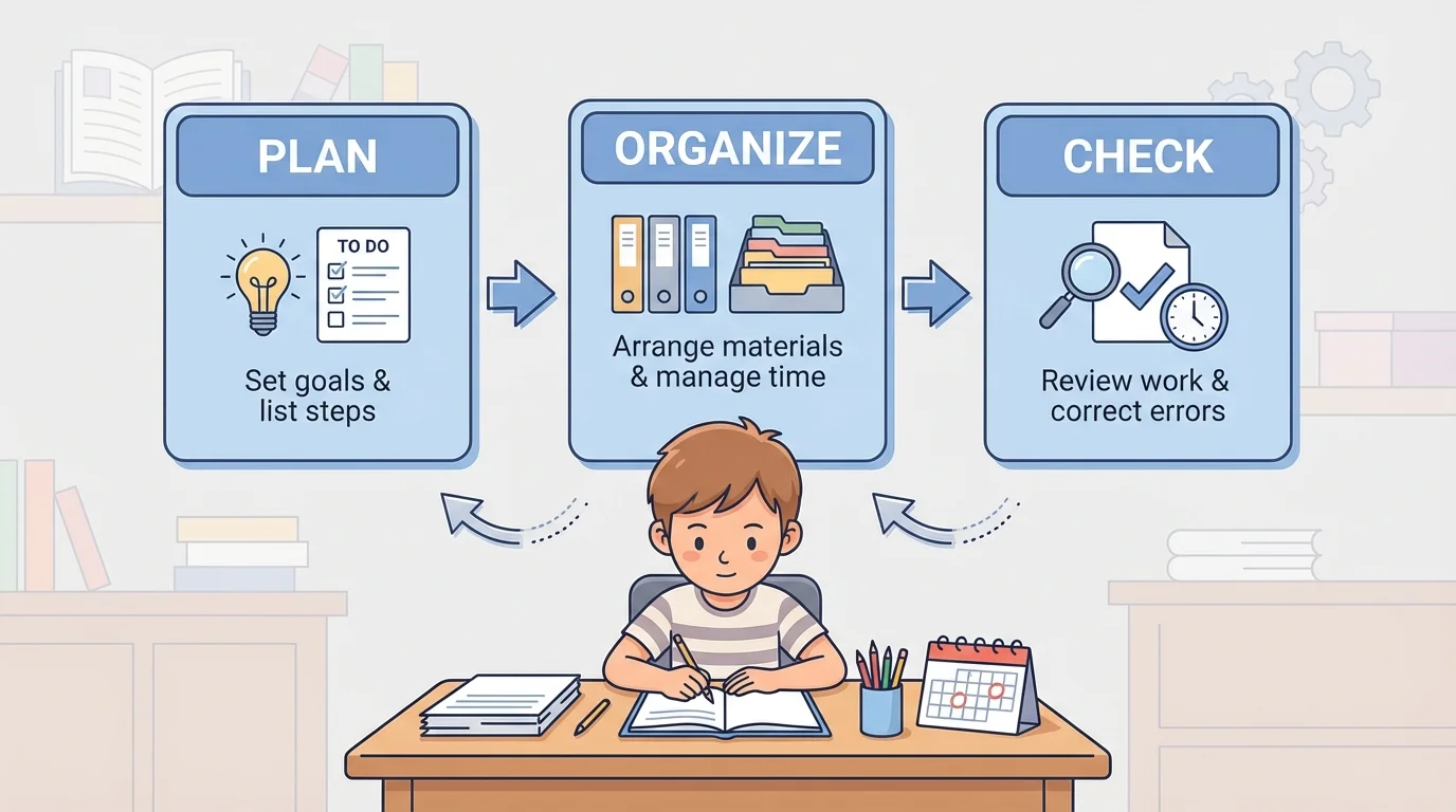 child at desk following three boxes labeled plan, organize, check with arrows between them