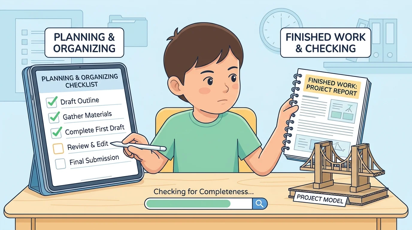 child comparing finished work to a checklist with checked and unchecked boxes