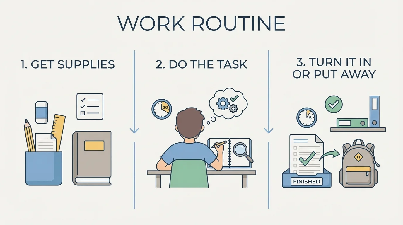 simple three-column planning chart with first get supplies, next do the task, last turn it in or put away