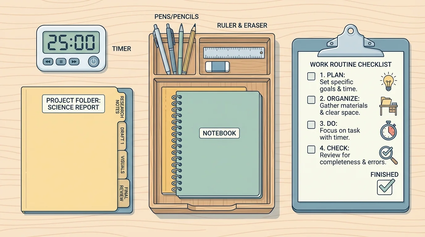 organized home study space with timer, labeled folder, checklist, and materials tray