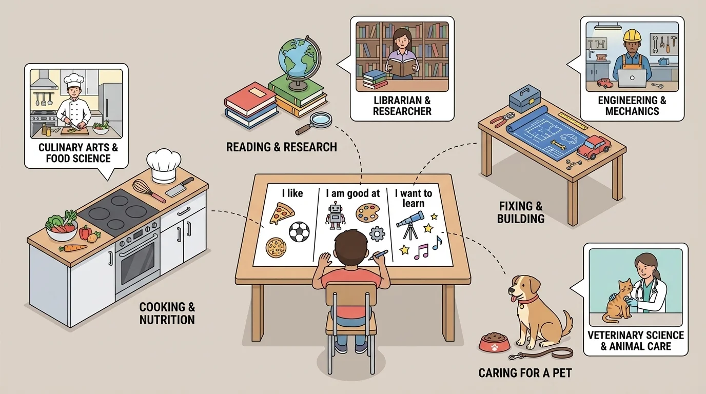 Illustration of a child making a three-part list labeled I like, I am good at, I want to learn, with home activities around them such as cooking, reading, fixing, and caring for a pet