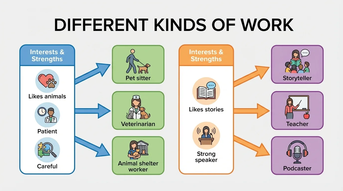 Flowchart starting with likes animals, patient, careful leading to pet sitter, veterinarian, animal shelter worker; likes stories, strong speaker leading to storyteller, teacher, podcaster
