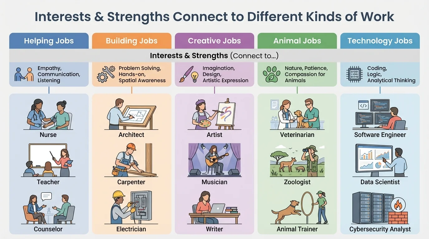 Comparison chart with job groups such as helping jobs, building jobs, creative jobs, animal jobs, and technology jobs, each with simple example workers
