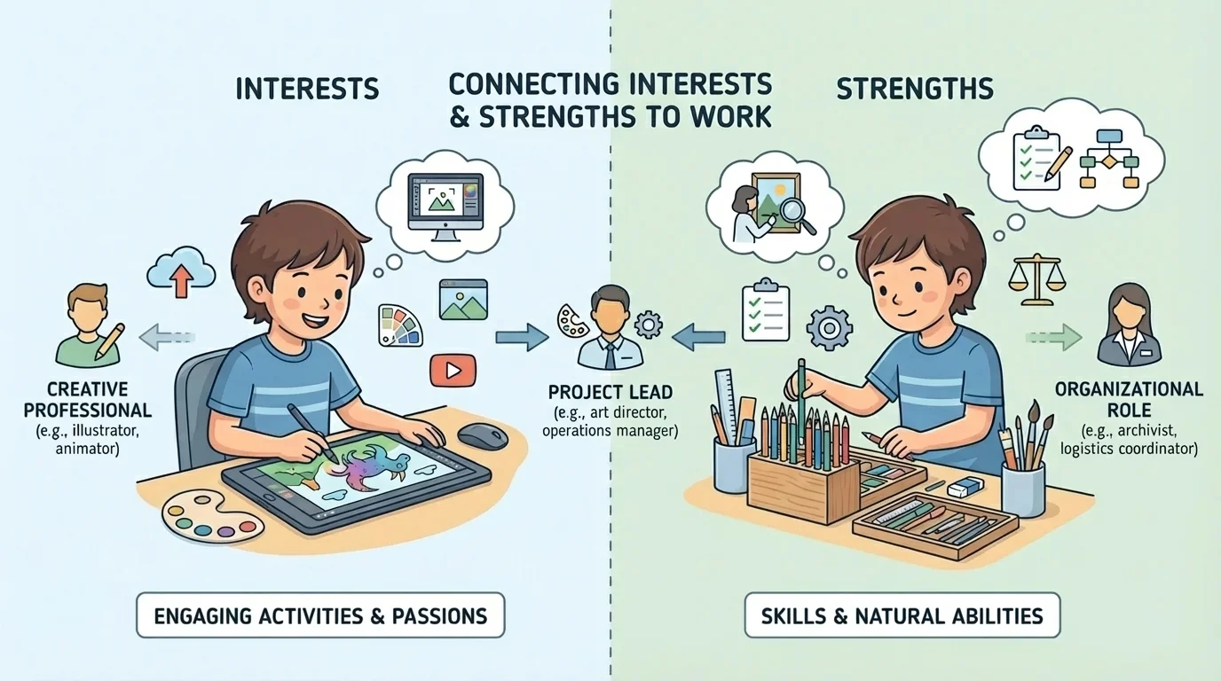 Split illustration showing one child enjoying drawing on a tablet and the same child neatly sorting art tools, labeled interests and strengths