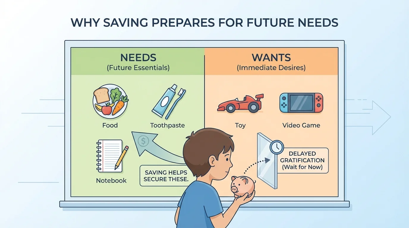 child looking at a simple needs and wants chart with pictures labeled food, toothpaste, notebook, toy, and video game